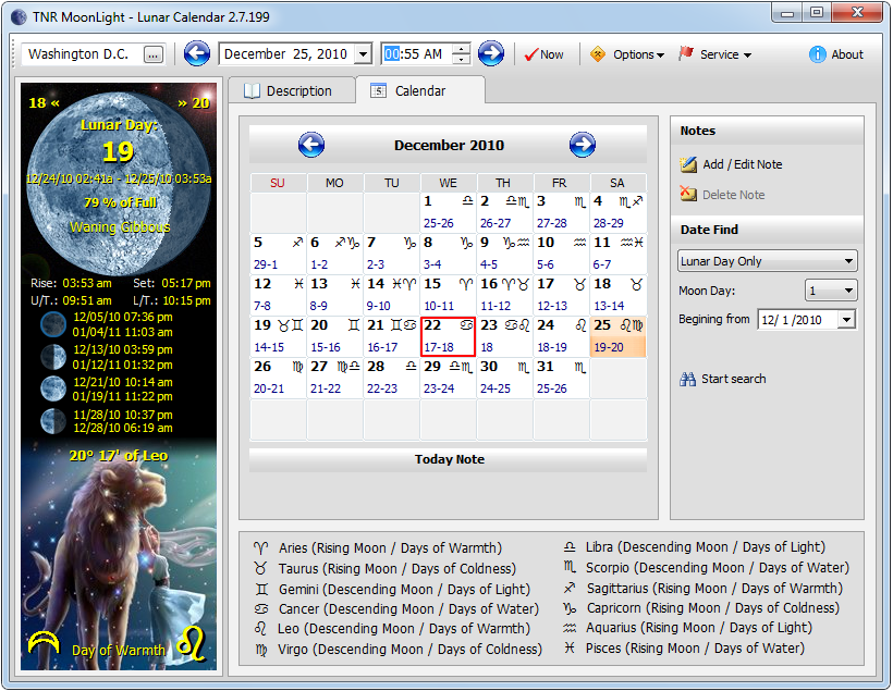 Astrology Moon Sign calendar calculator software