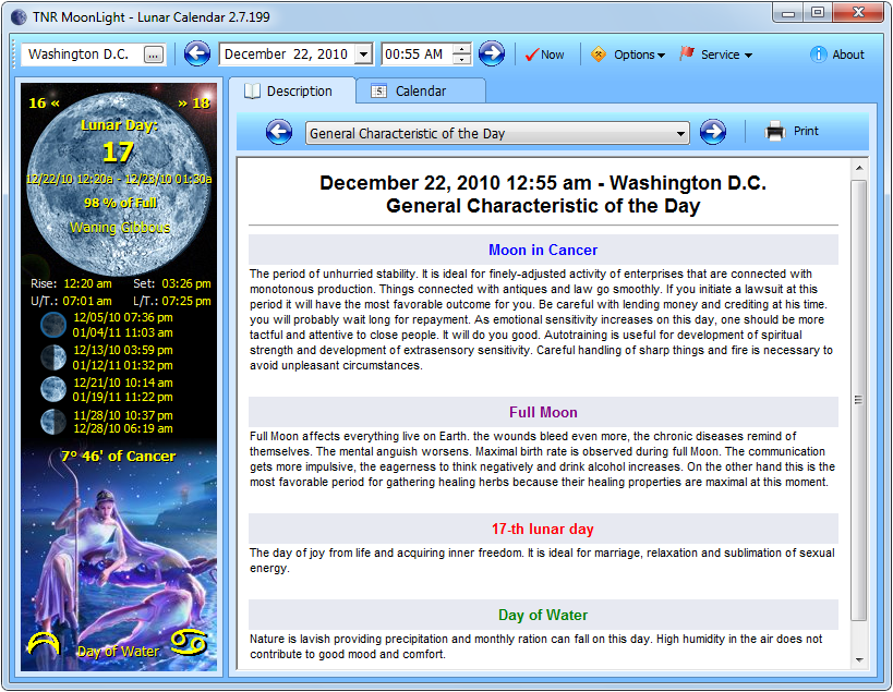Astrology Moon Sign calendar calculator software