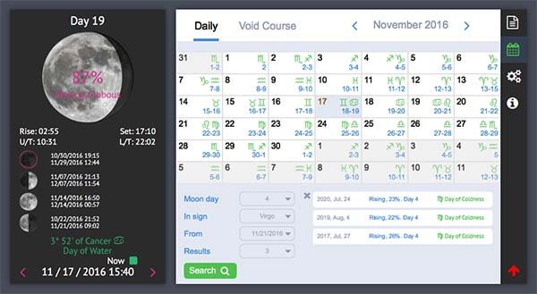 Lunar moon phases calendar software - notes organizer